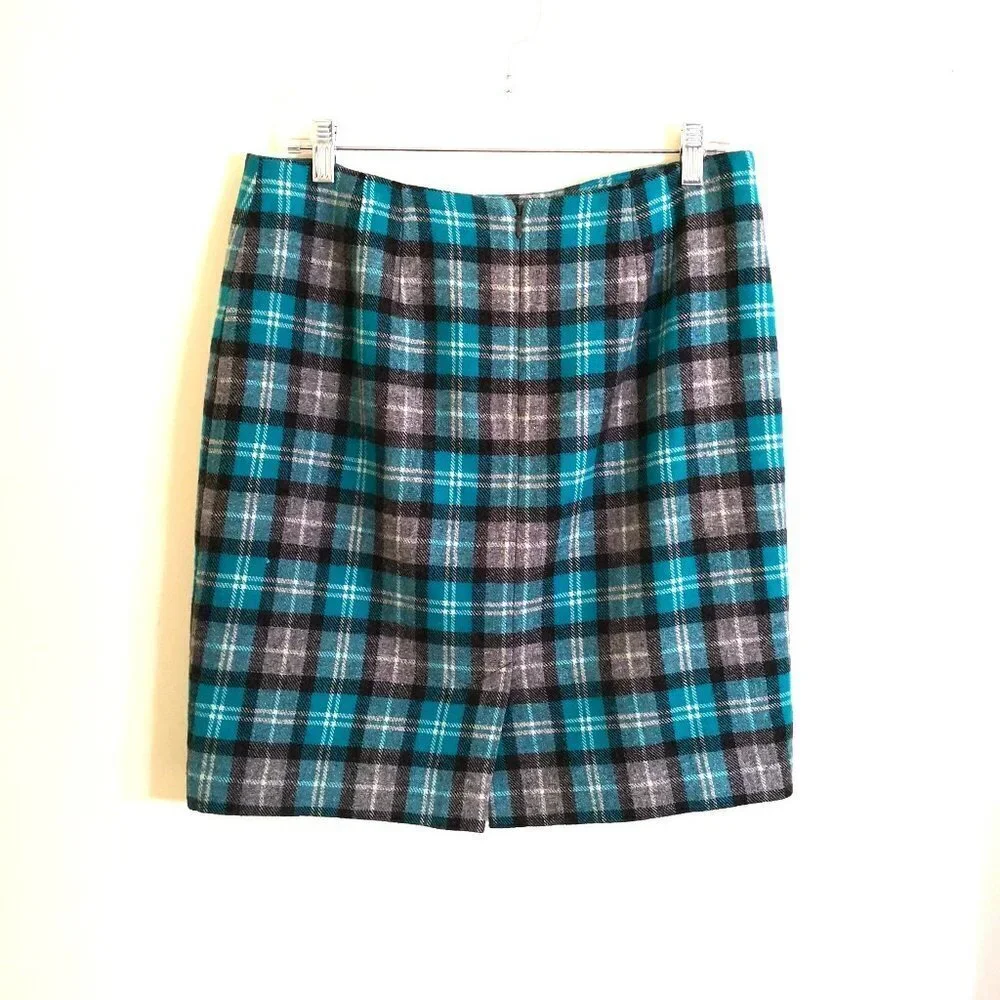 Talbots Plaid Wool Skirt Teal Blue/Grey‎ Size 10P